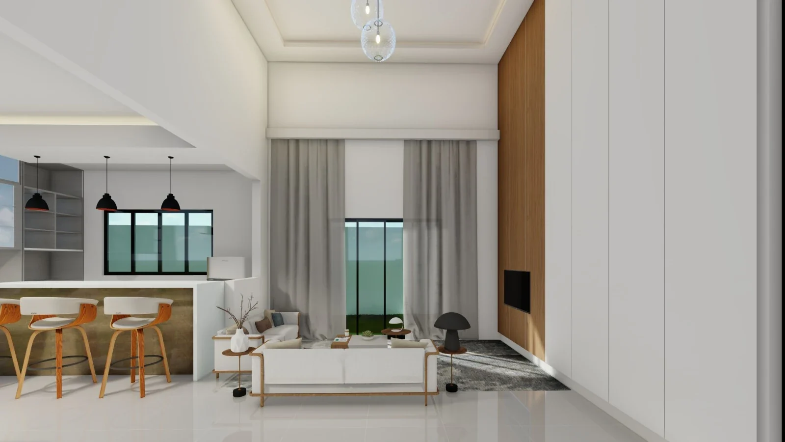 Sala e cozinha integradas da Casa Ária